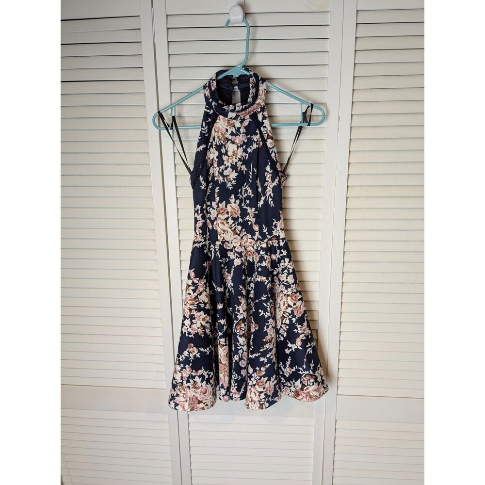 B Darlin Mini Sleeveless Halter Dress Womens/Juniors Sz 0 Navy Blue Pink Floral